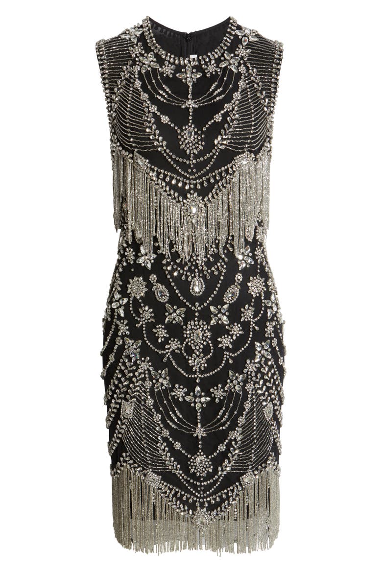 Beaded Fringe Cocktail Dress, Alternate, color, SILVER