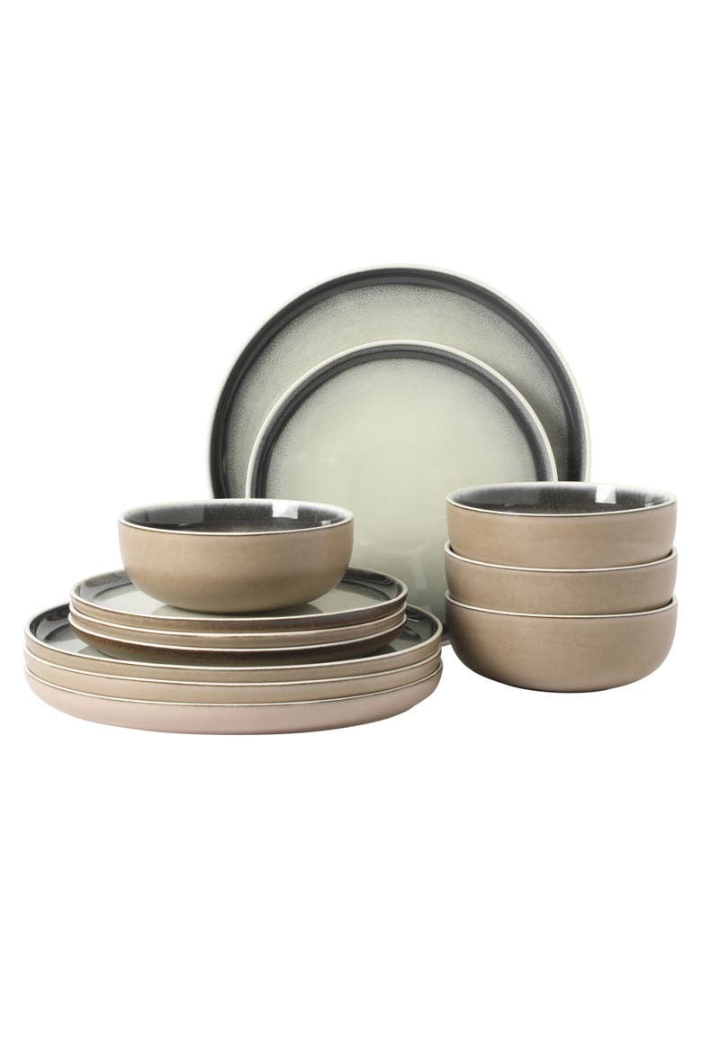 Island Bay New Bone China Dinnerware Set, Reactive Glaze Plates and Bowls, Main, color, Ash with Black Rim