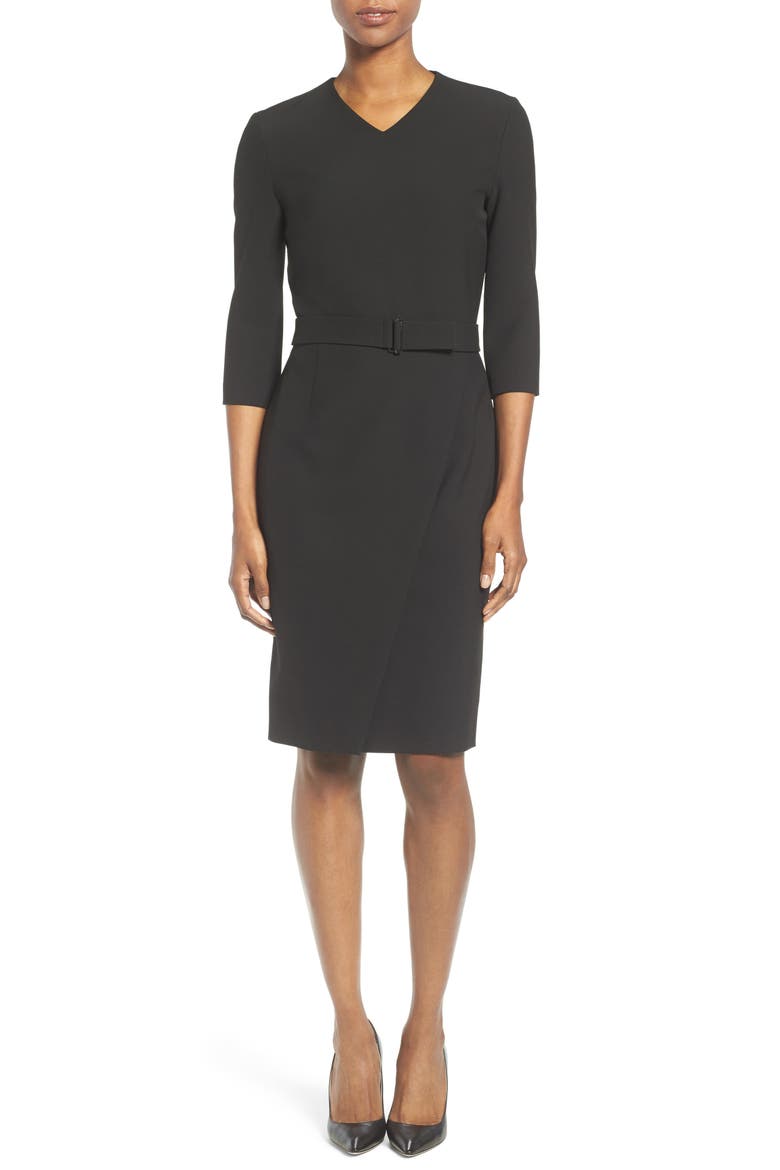 Dylea Belted Faux Wrap Sheath Dress, Main, color, BLACK