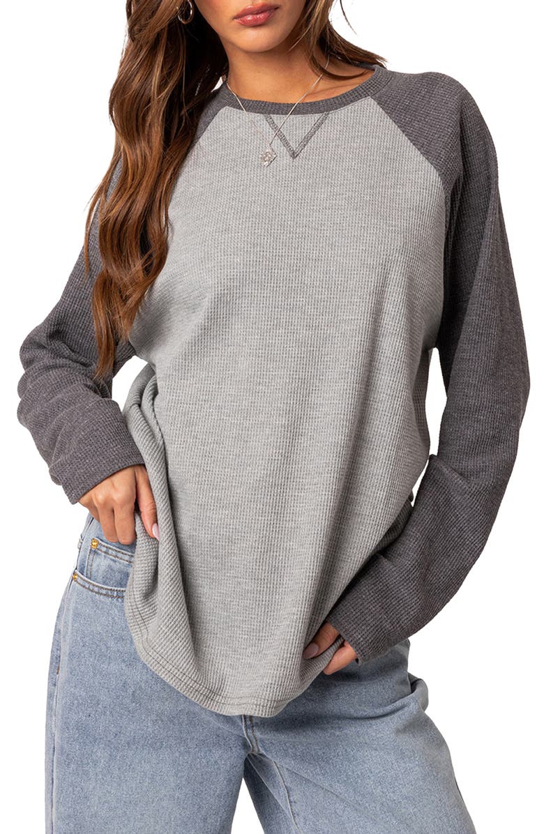 EDIKTED Me Time Oversize Raglan Sleeve Waffle Knit Top, Main, color, Gray Melange