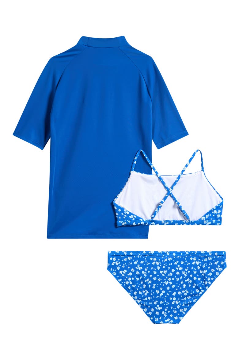 Kids' Surf Puff Floral Print 3-Piece Swimsuit Set, Alternate, color, DEEP BLUE