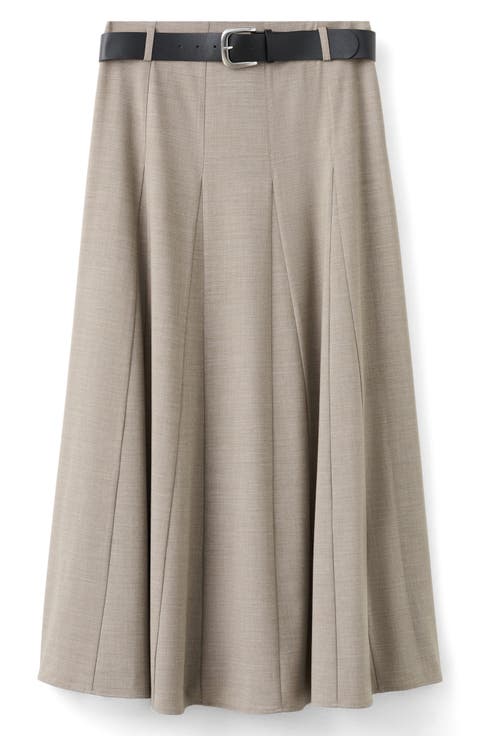 Belted Godet Pleat A-Line Skirt