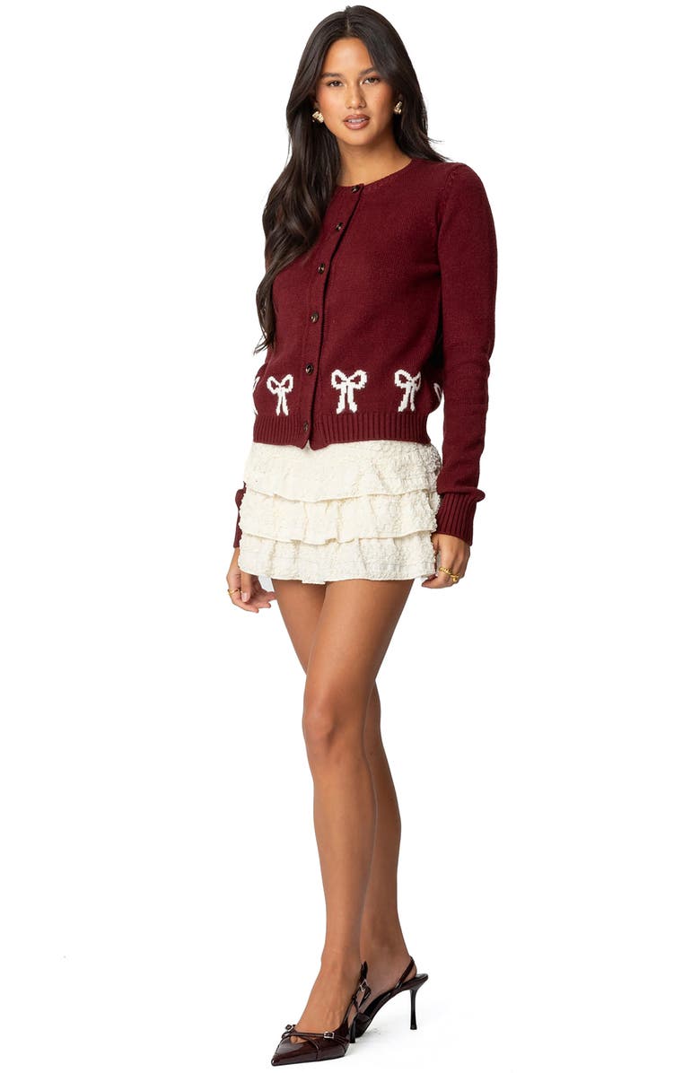 EDIKTED Rona Intarsia Bow Cardigan, Alternate, color, Burgundy