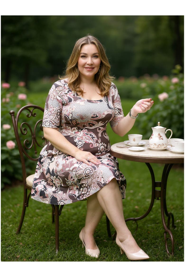 Plus Size Paisley Scoop Neck Elbow Sleeve Knee Length A-Line Dress, Alternate, color, Brown Multi