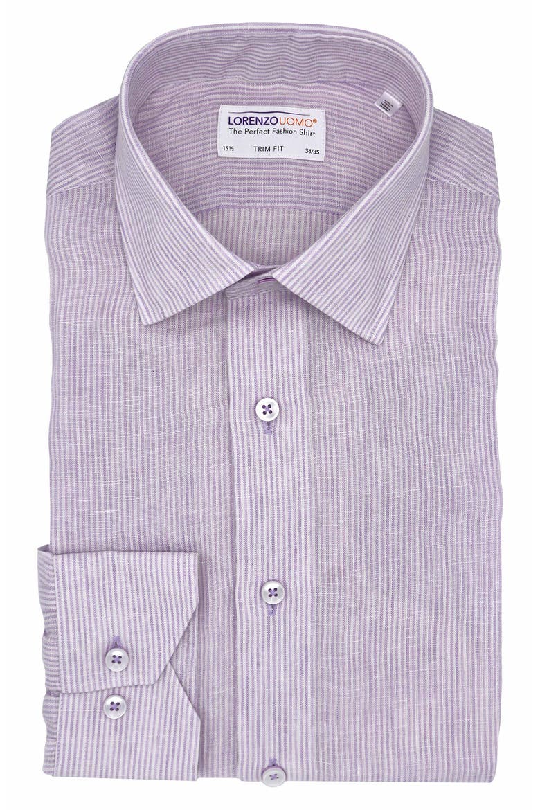 Striped Trim Fit Linen Shirt, Main, color, WHITE/ LAVENDER