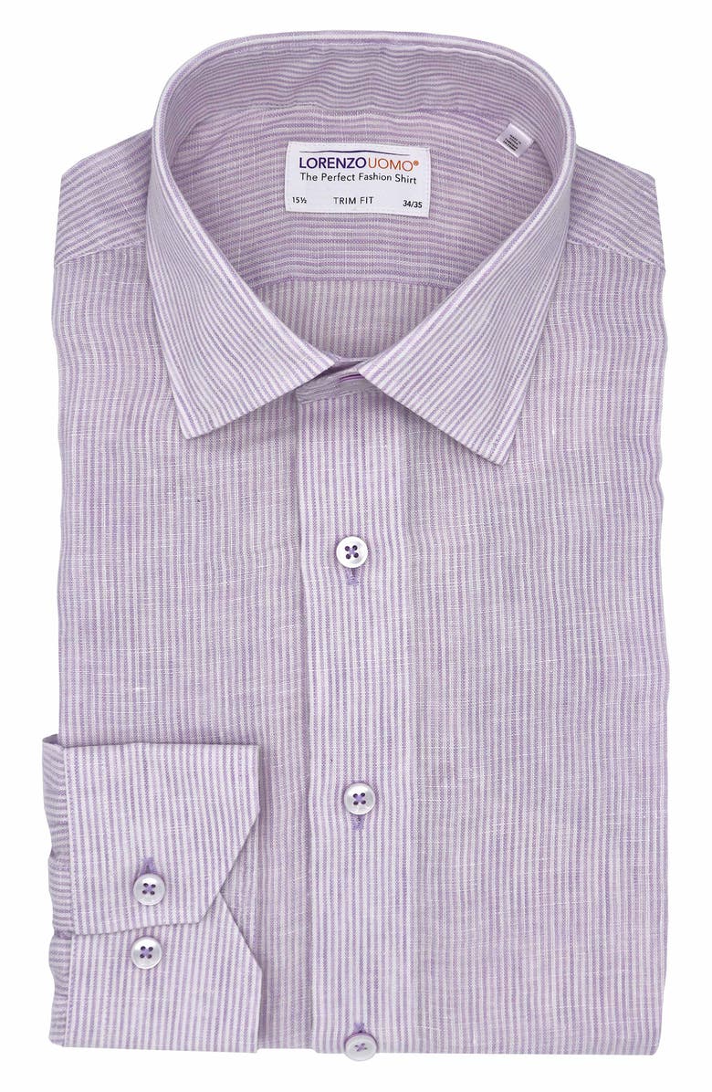 Lorenzo Uomo Striped Trim Fit Linen Shirt, Main, color, White/ Lavender