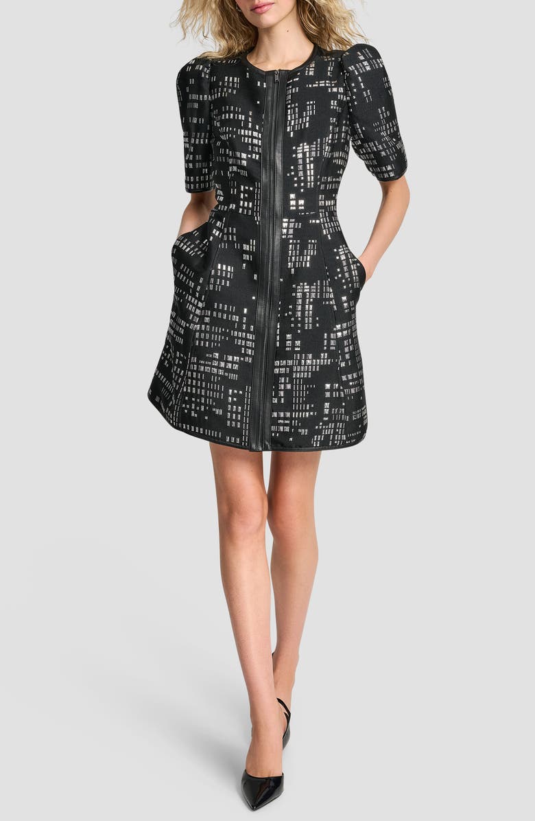 DKNY Front Zip Abstract Jacquard Minidress, Main, color, Black/ Silver