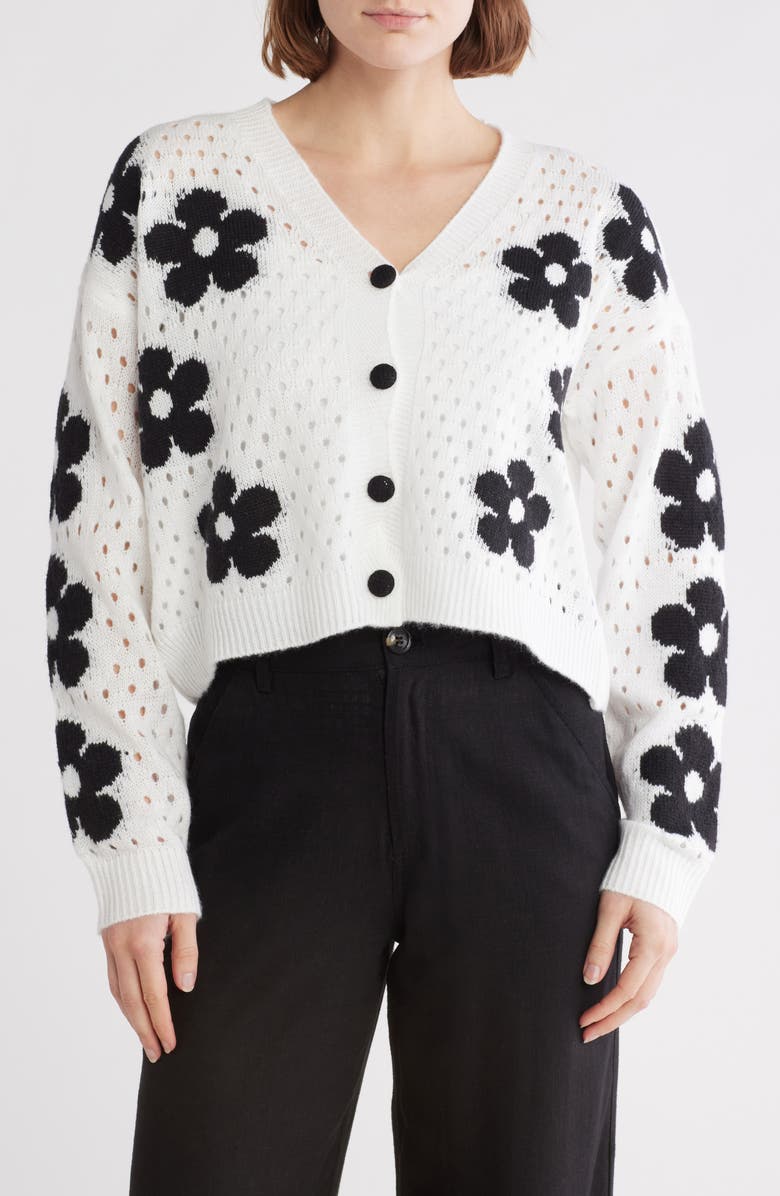Forgotten Grace Floral Open Stitch Cardigan, Main, color, Ivory/ Black