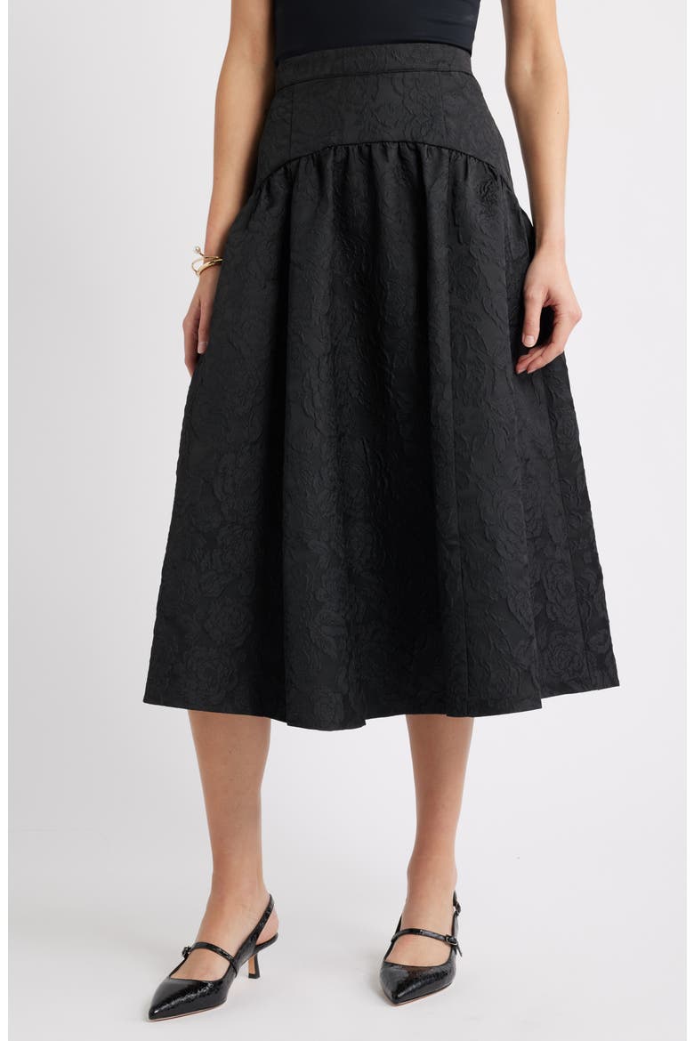 Floral Jacquard Full Midi Skirt, Main, color, BLACK JACQUARD