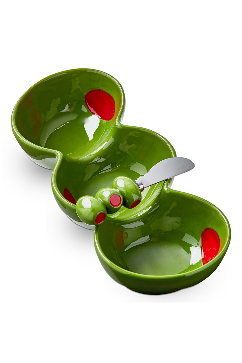 Olive 3-Part Earthenware Serving Tray with Spreader Green Multi 12x5.33x2.5 in Set of 2, Main, color, Yellow