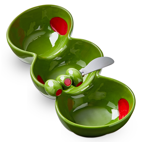 Olive 3-Part Earthenware Serving Tray with Spreader Green Multi 12x5.33x2.5 in Set of 2