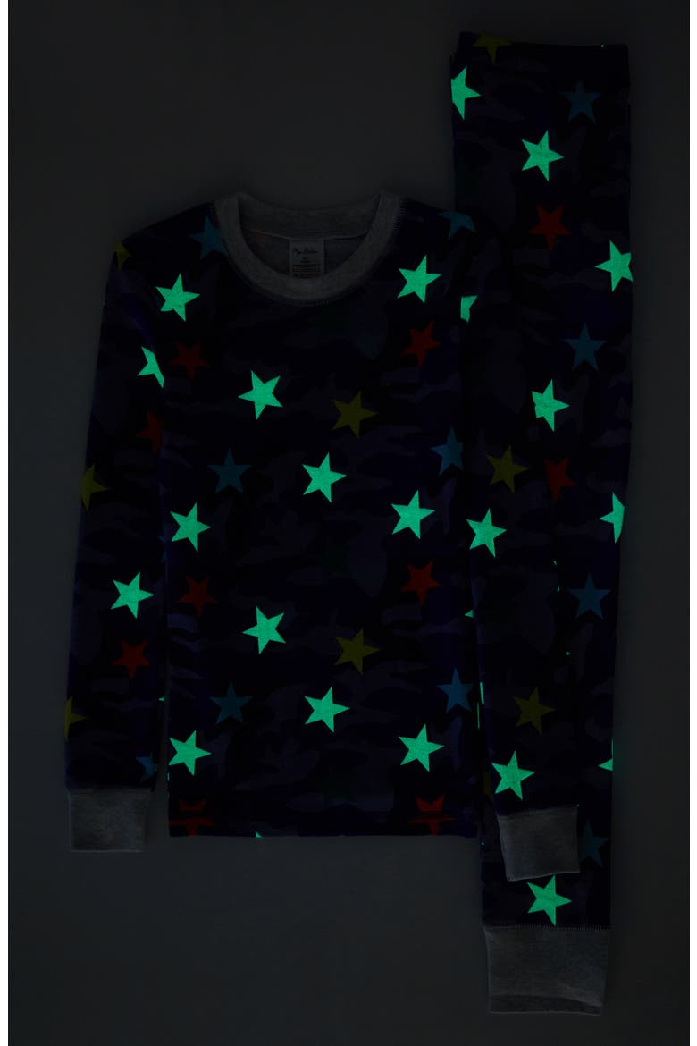 Kids' Glow in the Dark Fitted Two-Piece Pajamas, Alternate, color, BLUE CAMOUFLAGE RAINBOW STAR