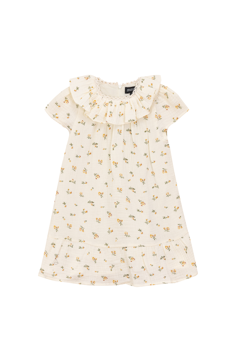 Space Grey Cotton Lace Neckline Floral Printed Dress, Main, color, Off White