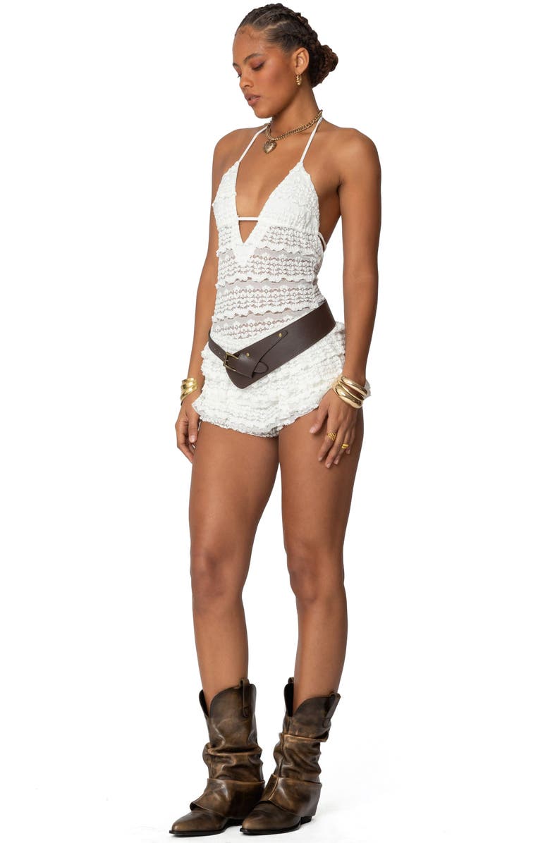 EDIKTED Lanney Ruffle Lace Romper, Alternate, color, Cream