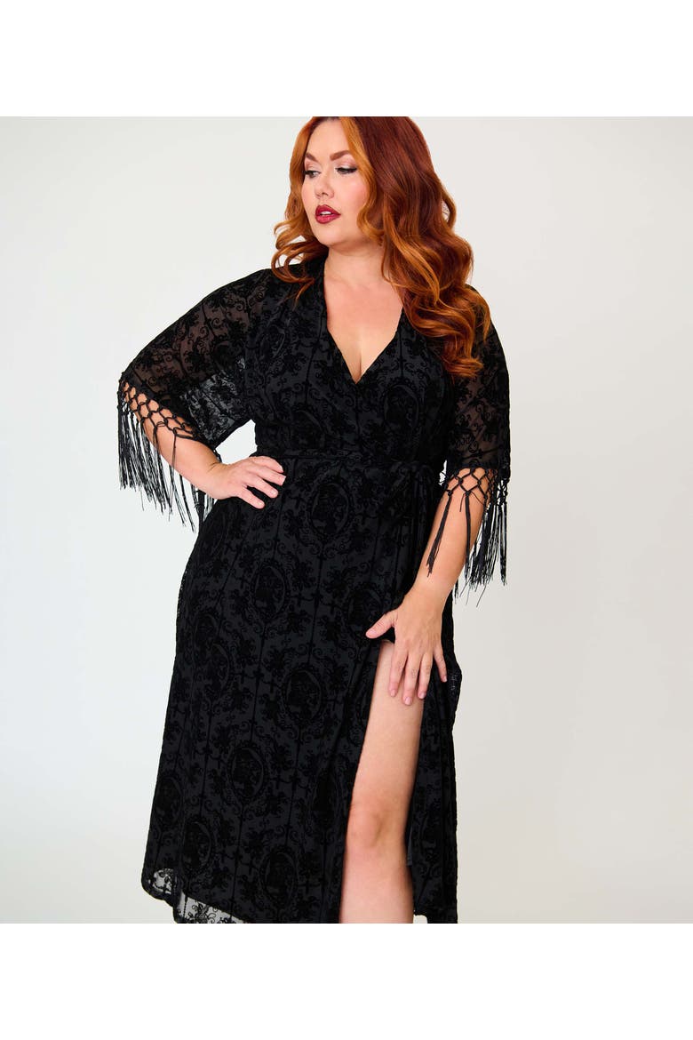 Plus Size Tie Wrap Surplice Midi Dress, Alternate, color, Black Solid