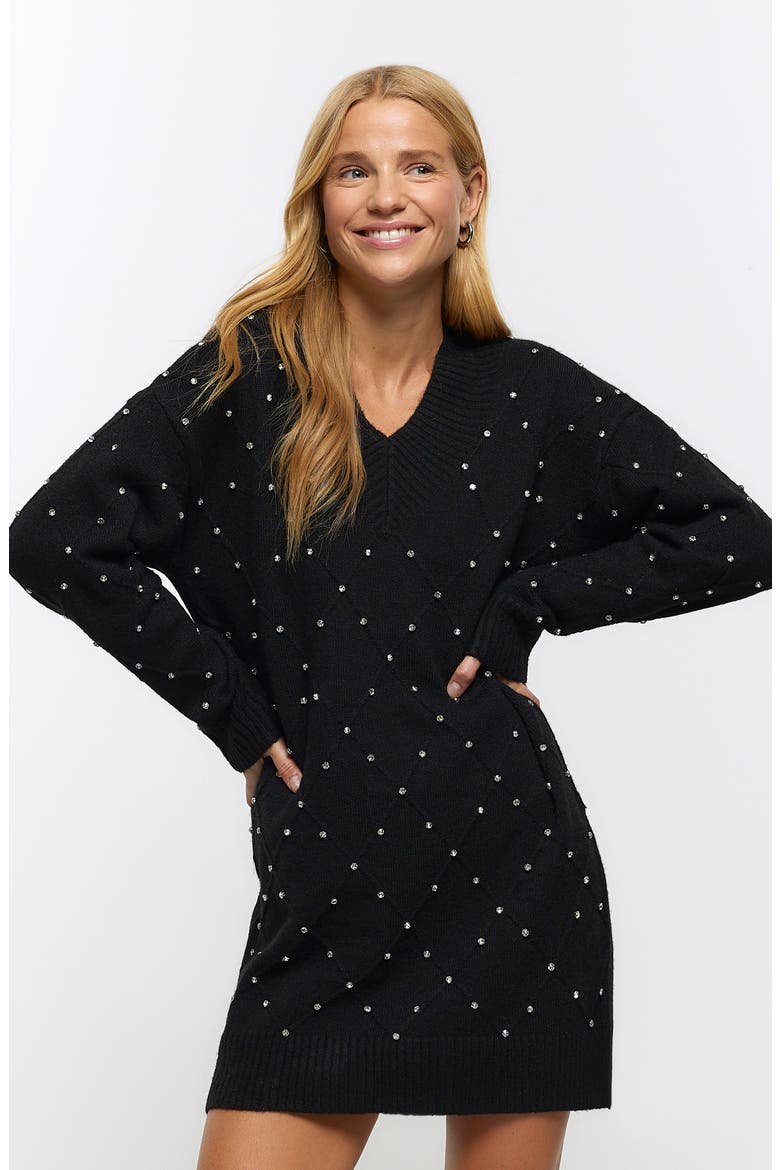 Leonie Crystal Embellished Long Sleeve Sweater Dress, Alternate, color, BLACK