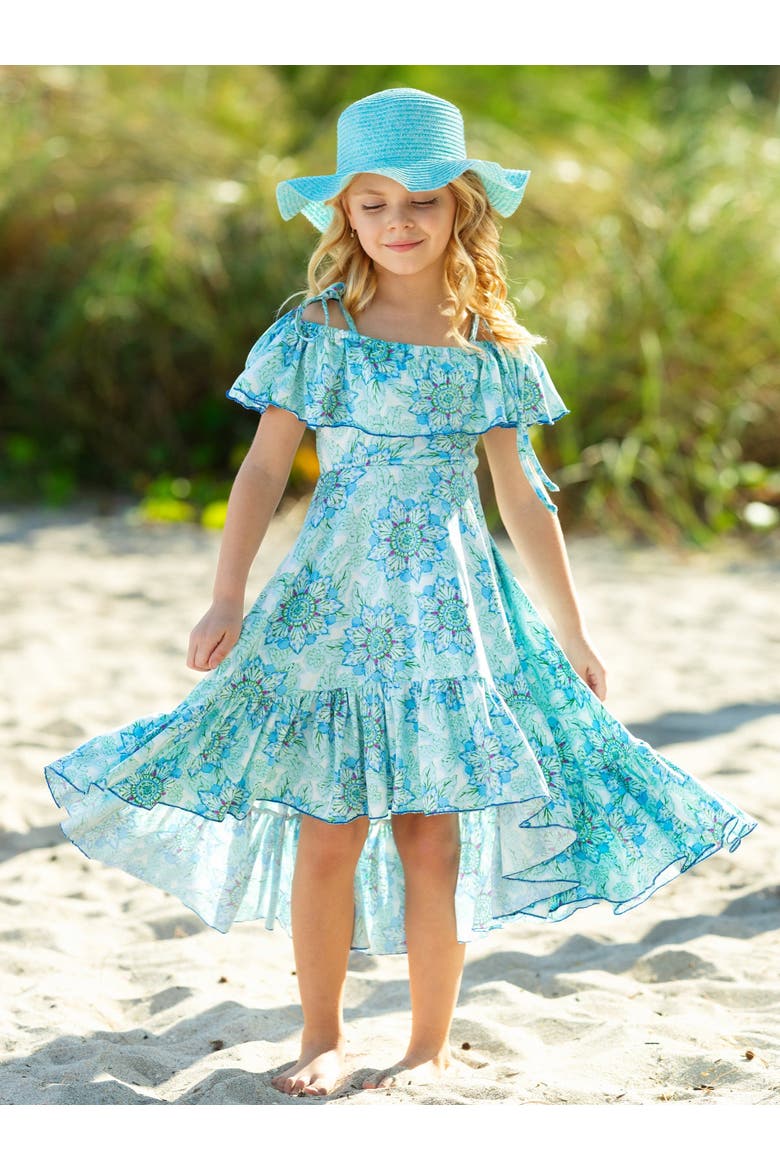Girls Tropical Floral Bloom Ruffle Hi Lo Dress, Alternate, color, Blue