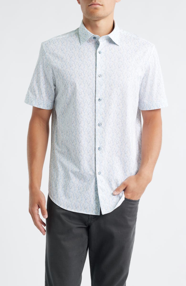 Bugatchi Miles OoohCotton<sup>®</sup> Print Short Sleeve Button-Up Shirt, Main, color, Air Blue