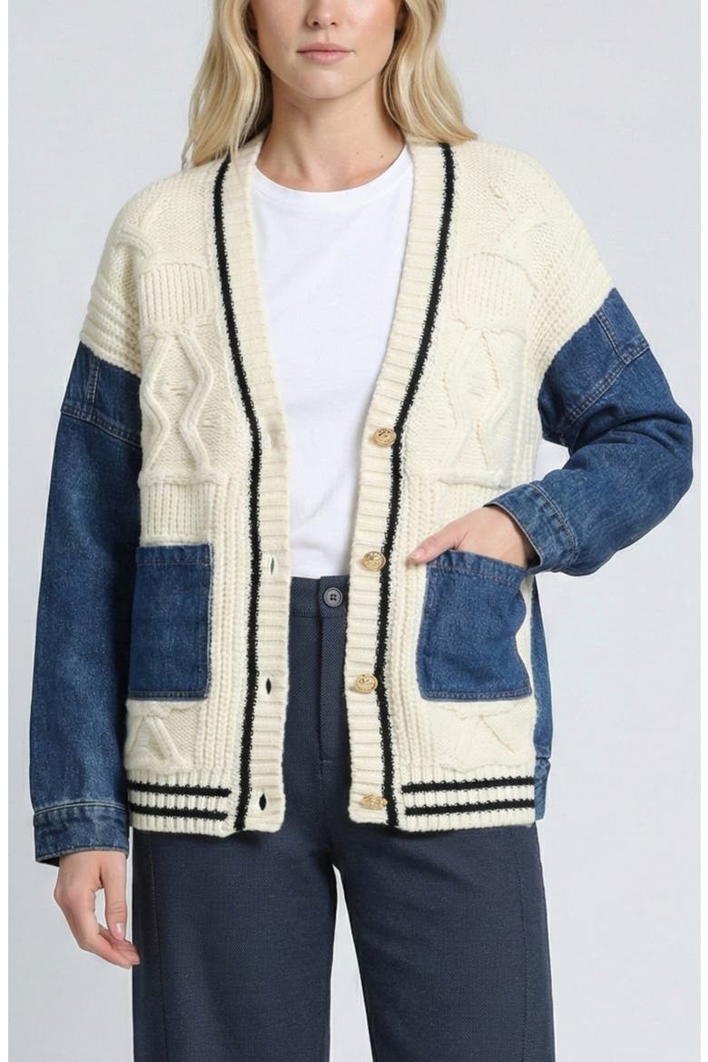 Mixed Media Cable Knit Jacket, Main, color, INDIGO CABLE