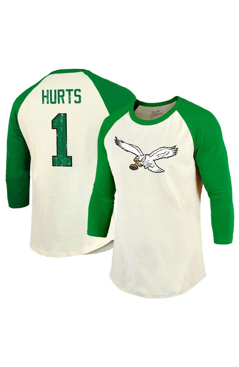 Majestic Threads Men's Majestic Threads Jalen Hurts Cream/Kelly Green Philadelphia Eagles Alternate Player Name & Number Raglan 3/4-Sleeve T-Shirt, Main, color, 