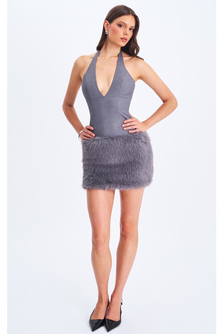 Daisy Drop Waist Fur Trim Halter Mini Dress, Main, color, Grey