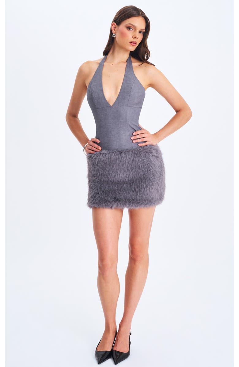 Miss Circle Daisy Drop Waist Fur Trim Halter Mini Dress, Main, color, Grey