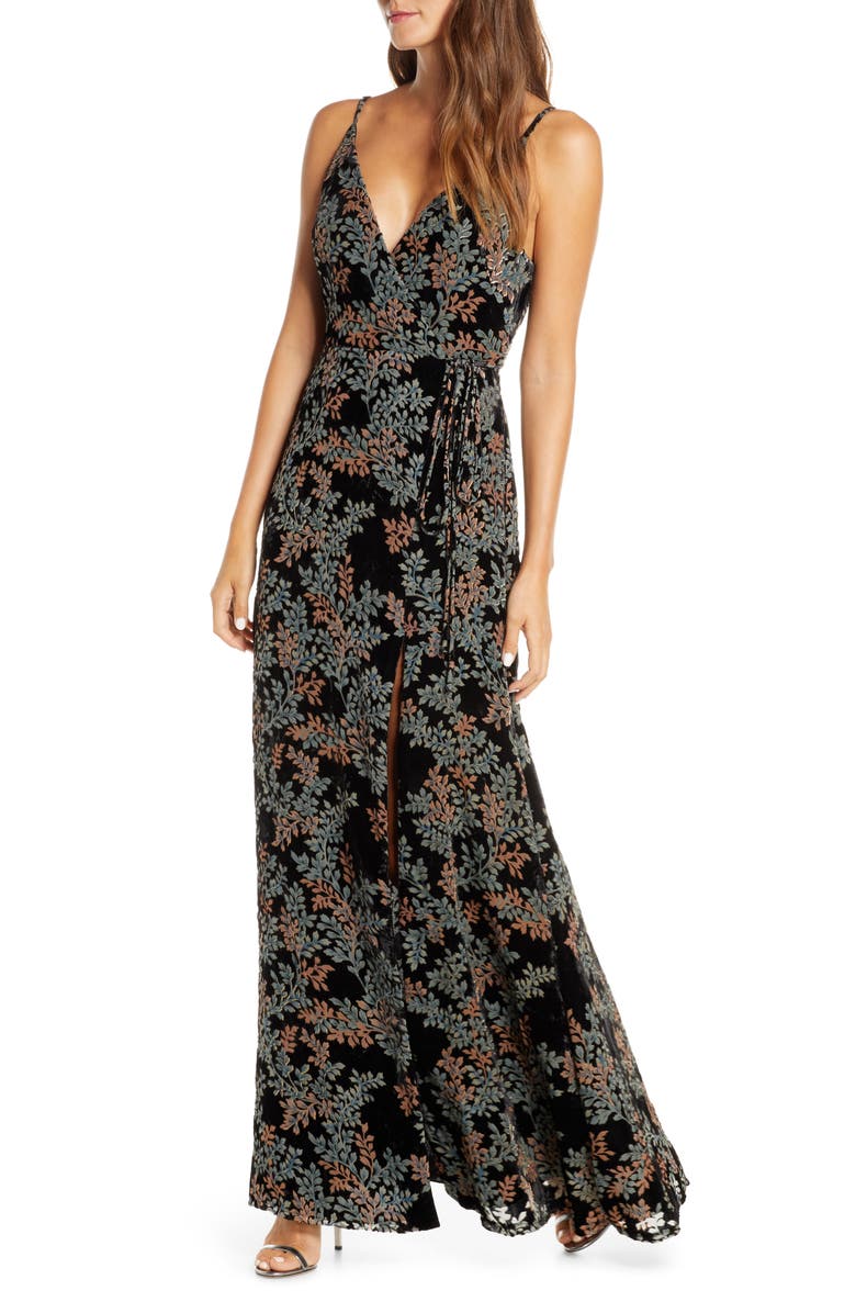 Jenny Yoo Selma Velvet Burnout Faux Wrap Evening Gown, Main, color,