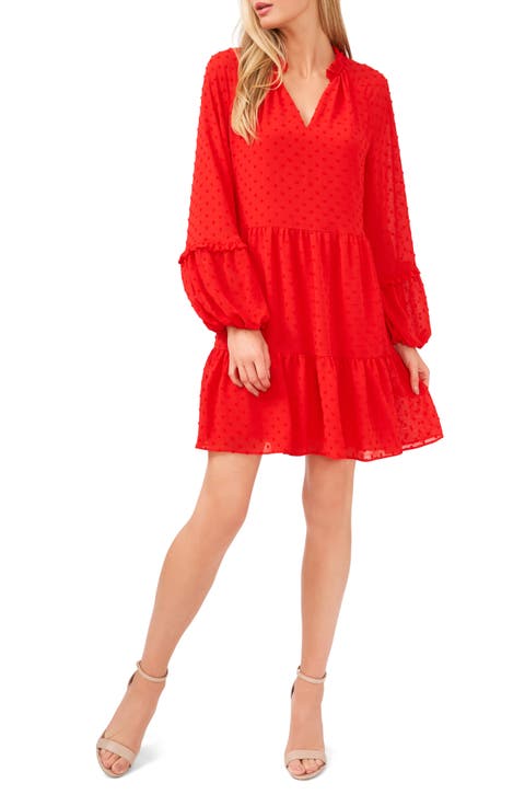 Clip Dot Ruffle Long Sleeve Shift Dress
