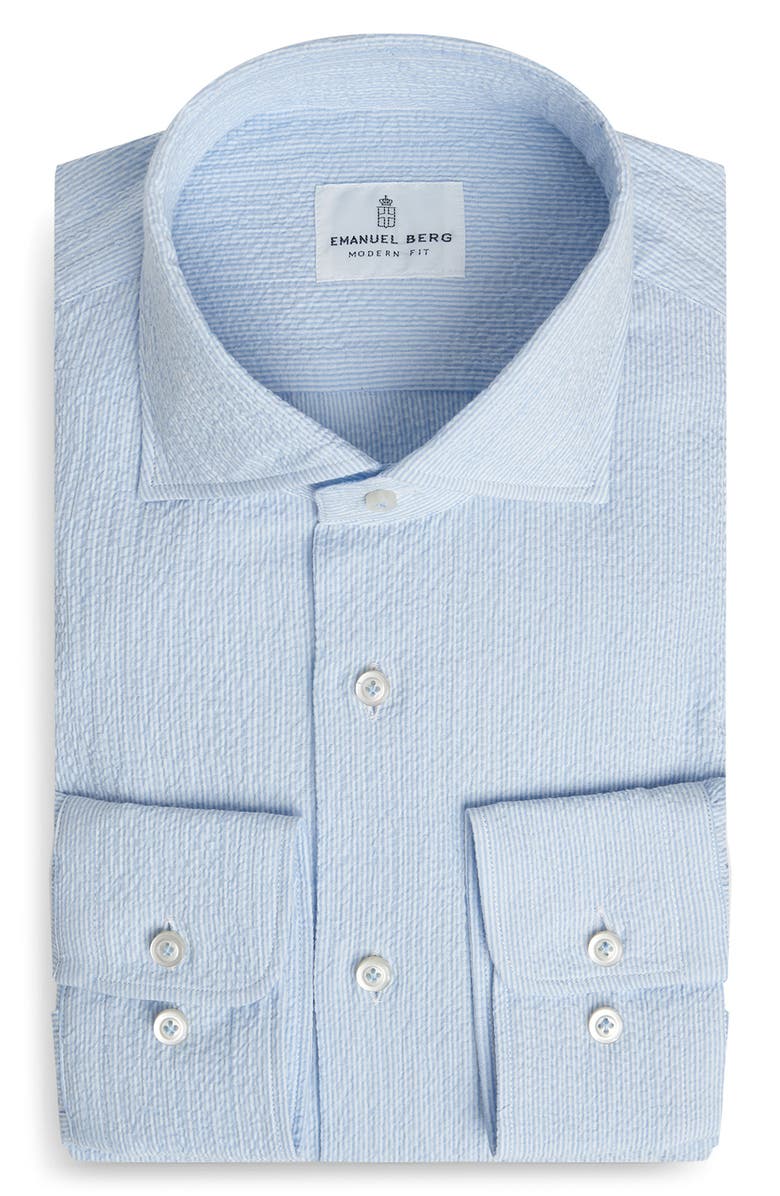 Emanuel Berg Modern Fit Stripe Seersucker Dress Shirt, Main, color, Light Pastel Blue
