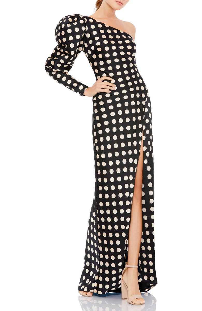 Mac Duggal One-Shoulder Polka Dot Sheath Gown, Main, color, Black White