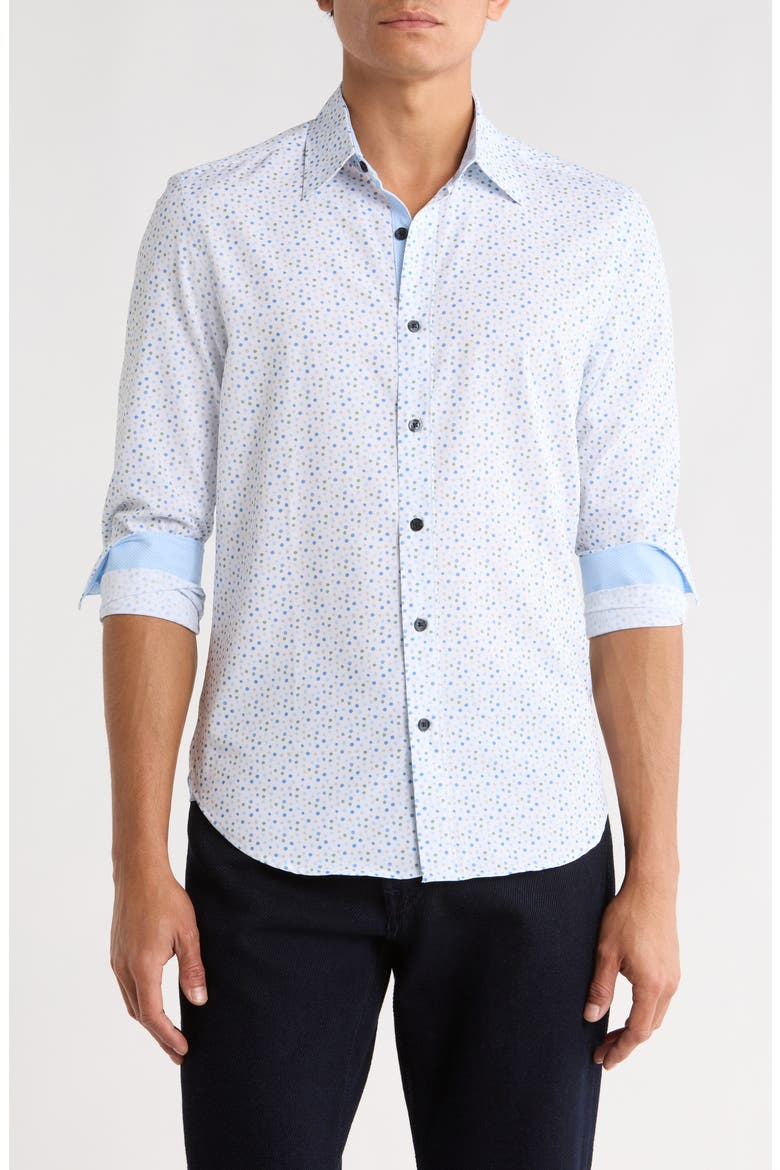 Slim Fit Dot Print 4-Way Stretch Button-Up Shirt, Main, color, WHITE/ BLUE