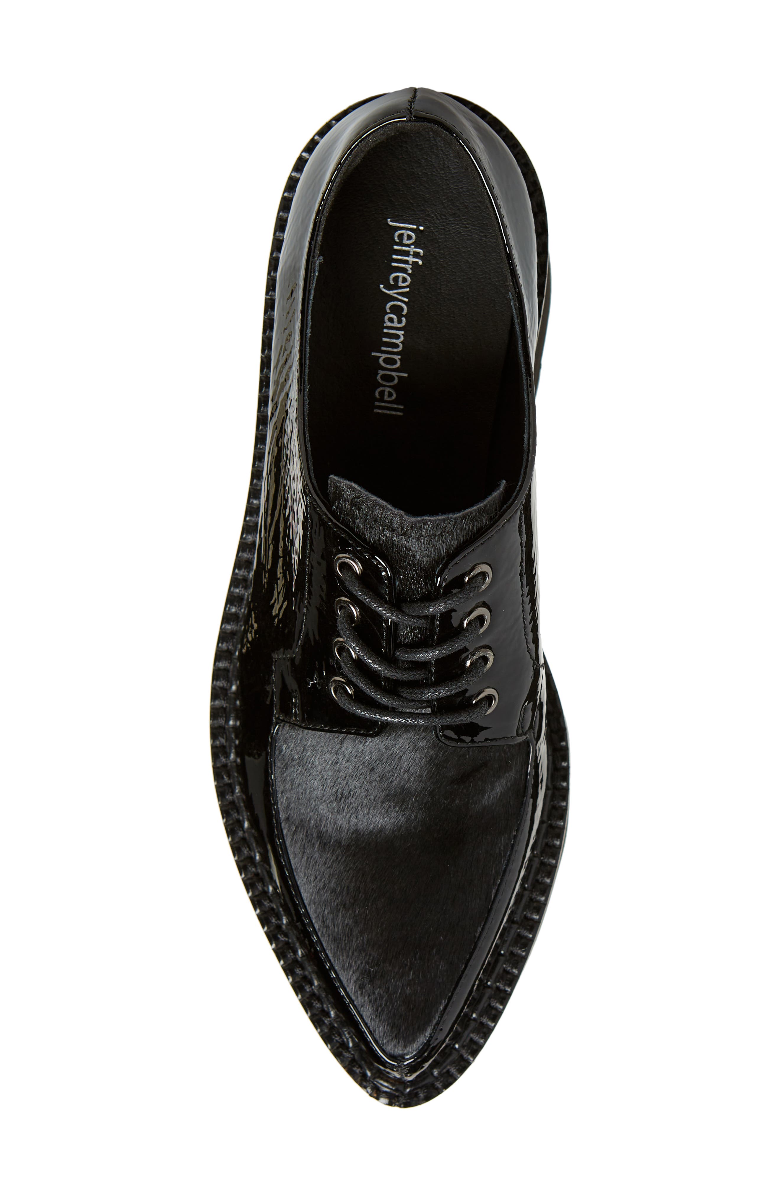 Jeffrey Campbell Leather & Genuine Calf Hair Wedge Platform Derby, Alternate, color, Black Patent/ Black Calf Hair