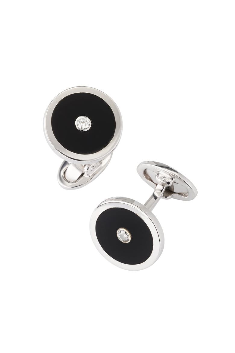 Black Onyx and Diamond Sterling Silver Round Cufflinks, Alternate, color, BLACK