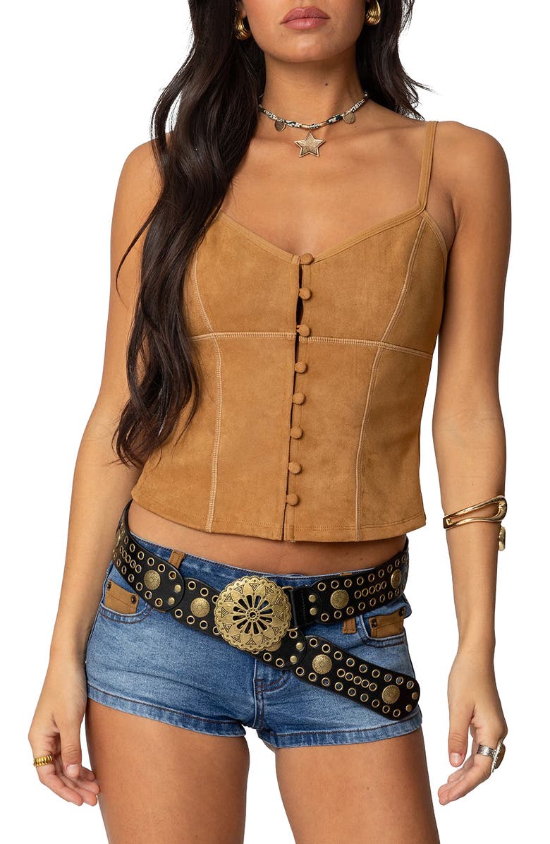 EDIKTED Tori Faux Suede Corset Top, Main, color, Tan