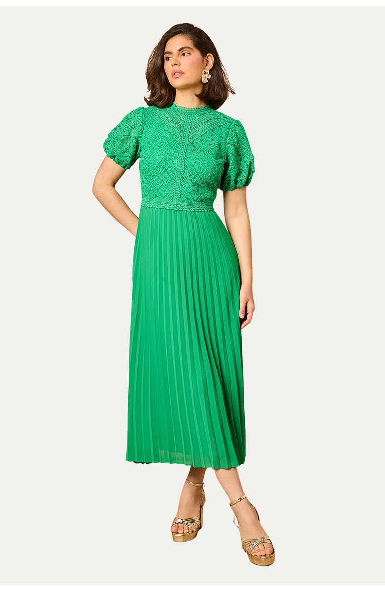 Oasis Lace Puff Sleeve Pleated Midi Dress, Main, color, Bright Green