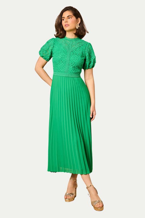 Lace Puff Sleeve Pleated Midi Dress