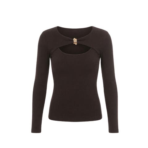 Gold Detail Cutout Long Sleeve Stretch Mila Top