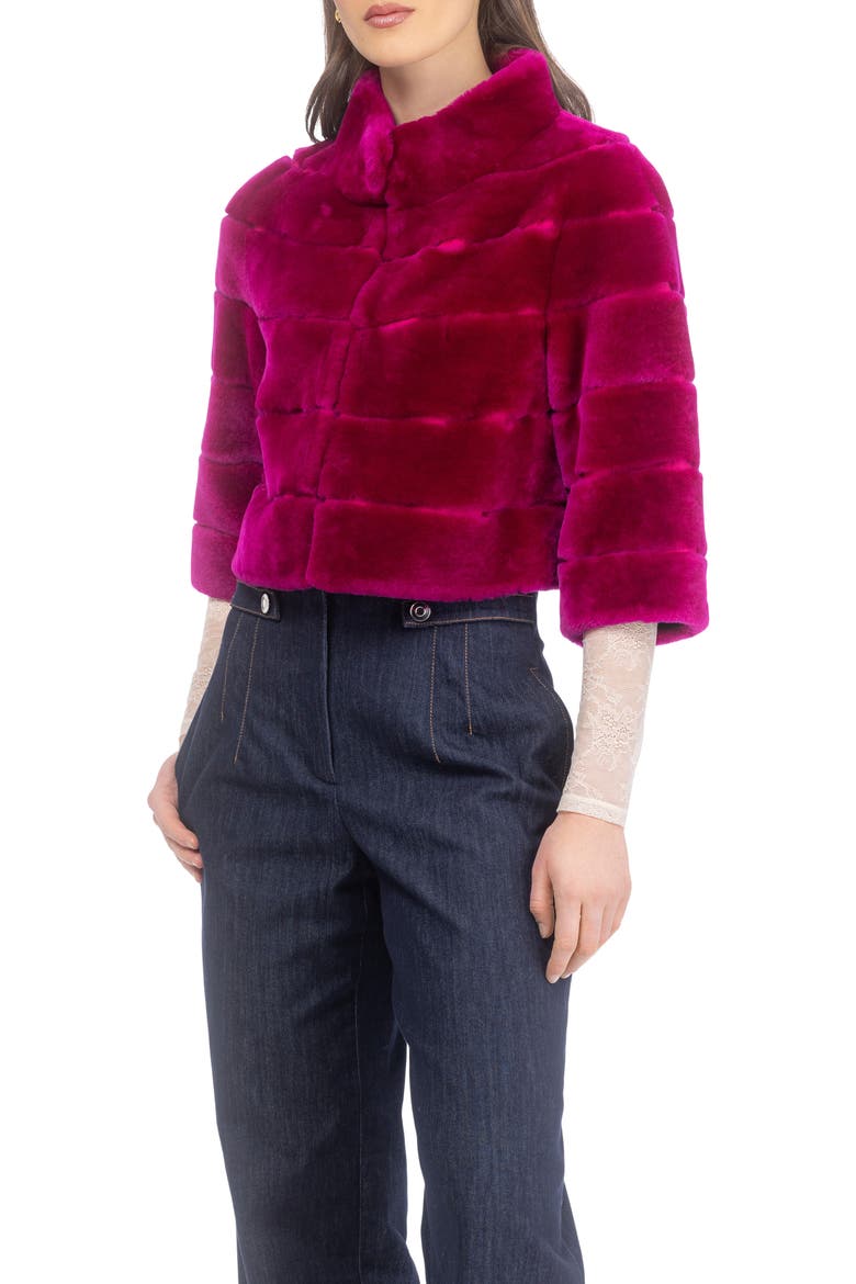 Genuine Shearling Cropped Bolero with Cropped Sleeves, Alternate, color, MAGENTA