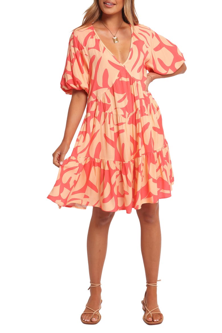 Corinna Puff Sleeve Tiered Minidress, Main, color, CORAL PRINT