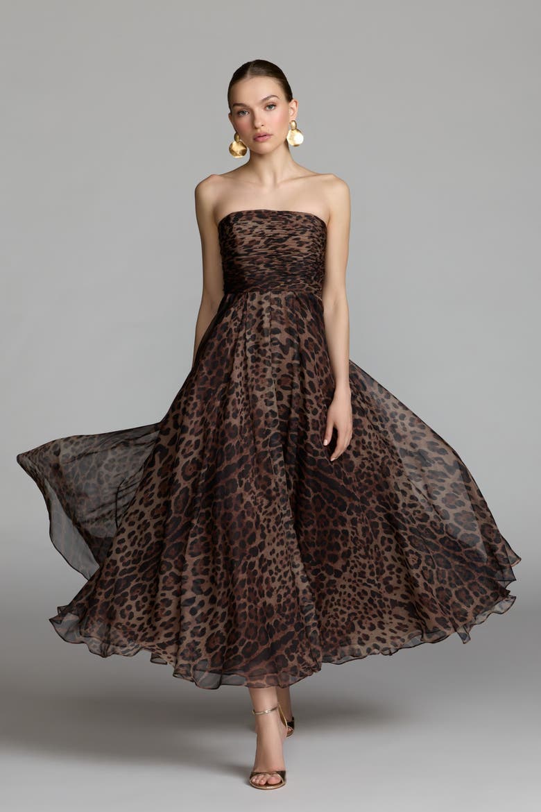 Strapless Leopard A-Line Chiffon Midi Dress, Alternate, color, Leopard