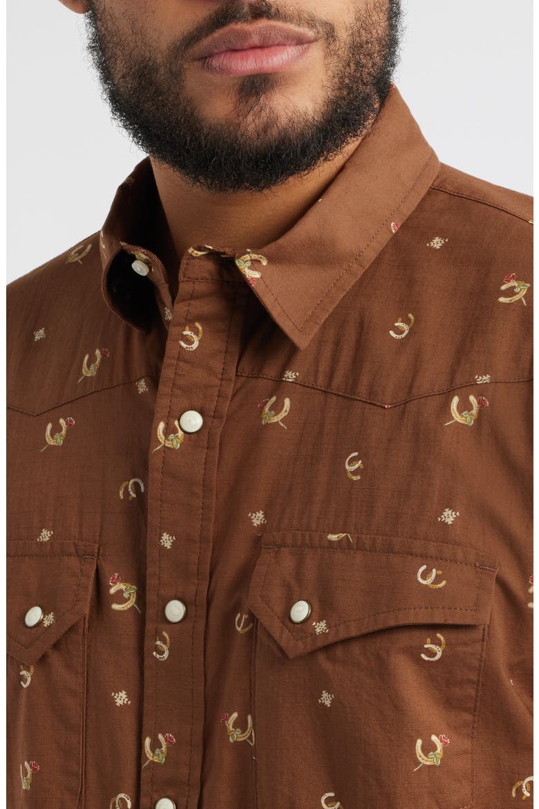 Laramie Horseshoe Print Short Sleeve Snap-Up Western Shirt, Alternate, color, HORSESHOE BROWN