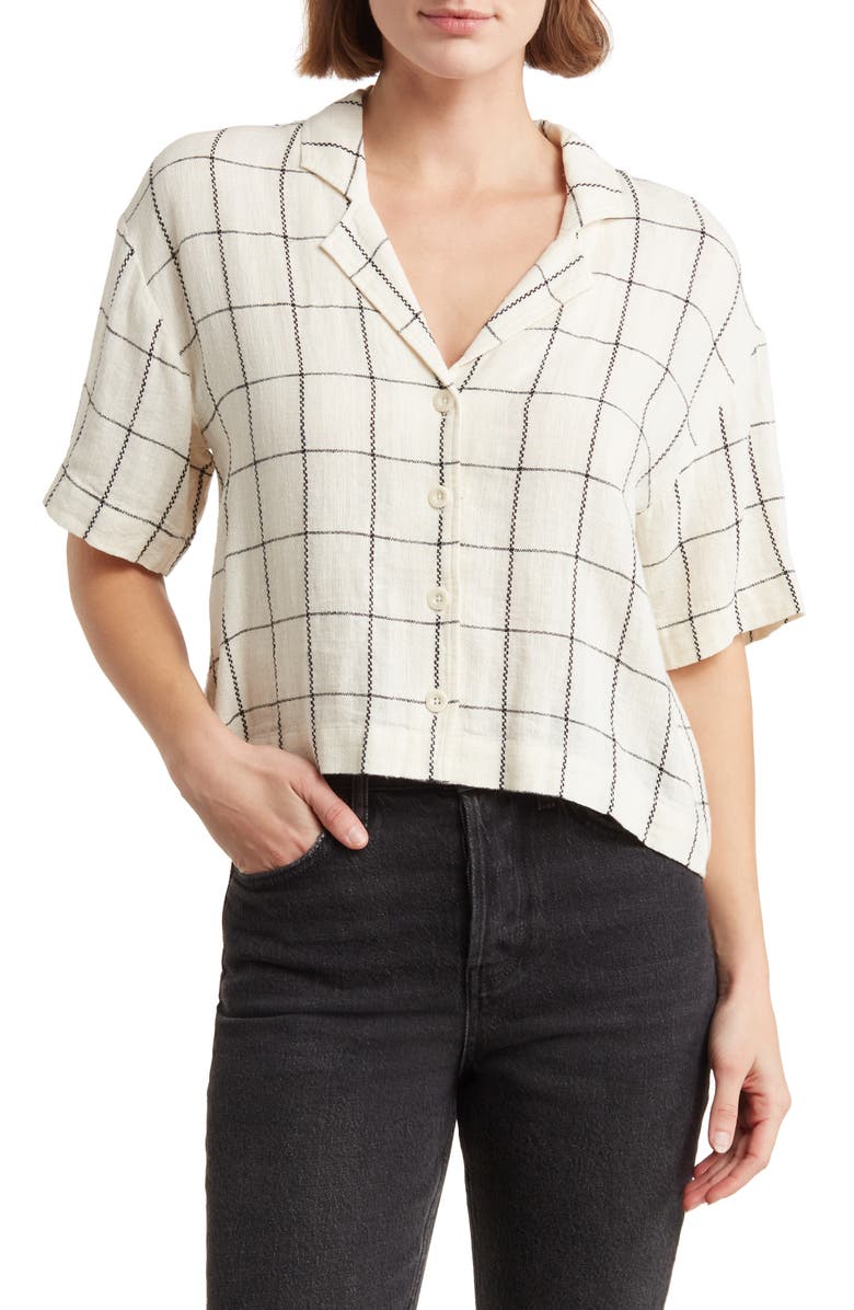 Madewell Windowpane Linen Blend Resort Cropped Shirt, Main, color, 