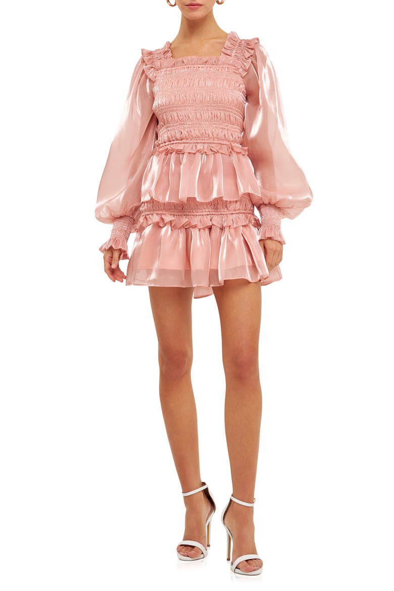 Metallic Sheen Long Sleeve Ruffle Minidress, Main, color, ROSE