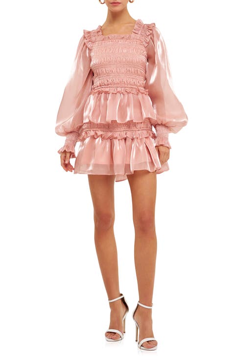Metallic Sheen Long Sleeve Ruffle Minidress
