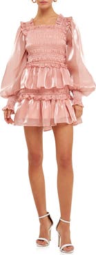 Endless Rose Metallic Sheen Long Sleeve Ruffle Minidress
