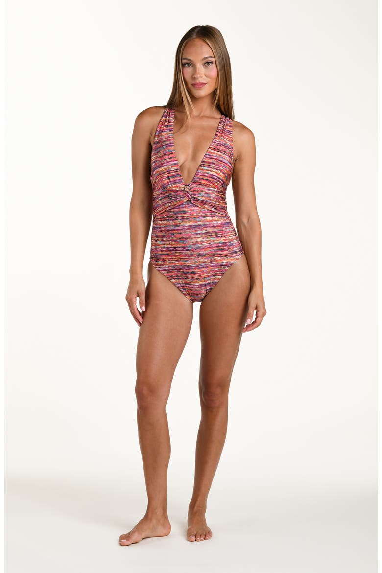 Shimmer Ripple Plunge One-Piece Swimsuit, Alternate, color, PINK MULTI