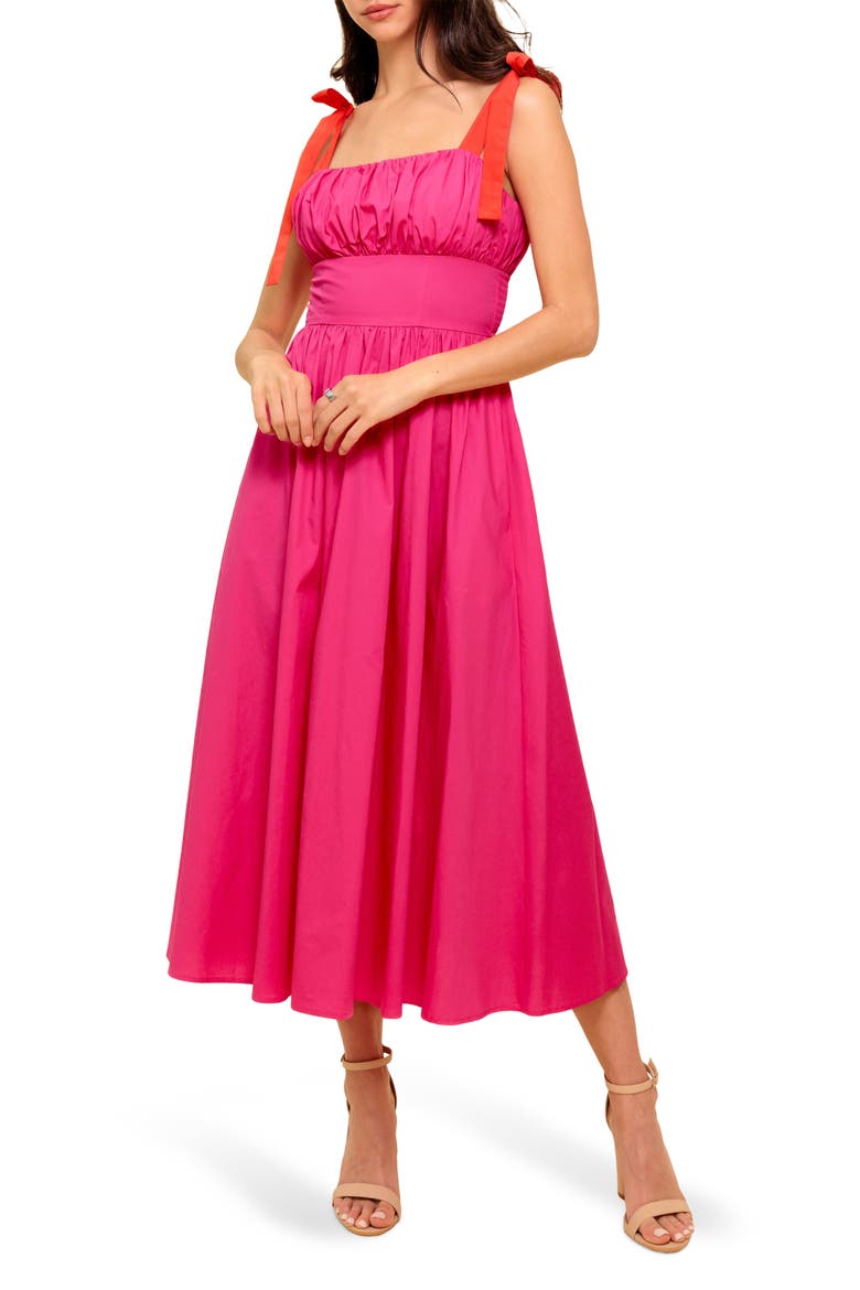 Bow Strap Gathered Midi Dress, Main, color, FUCHSIA