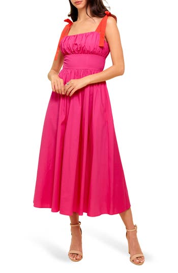 Flying Tomato Bow Strap Gathered Midi Dress In Pink
