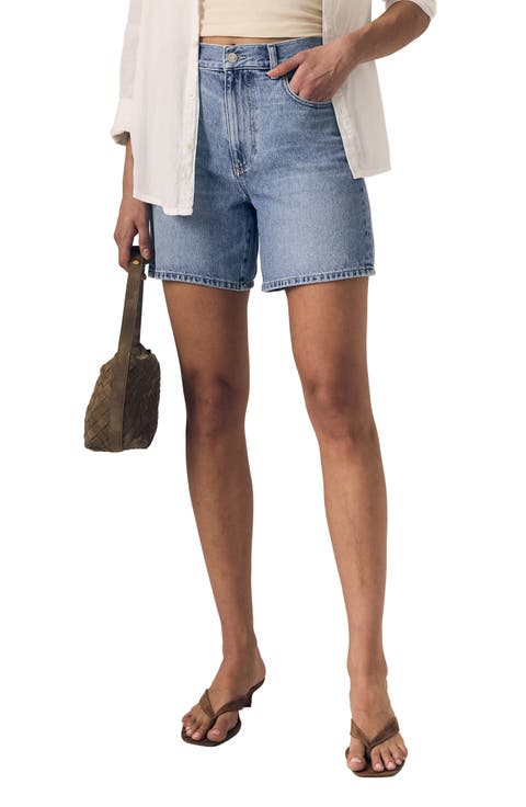Frida High Waist Mid Thigh Denim Shorts (Forget Me Not)