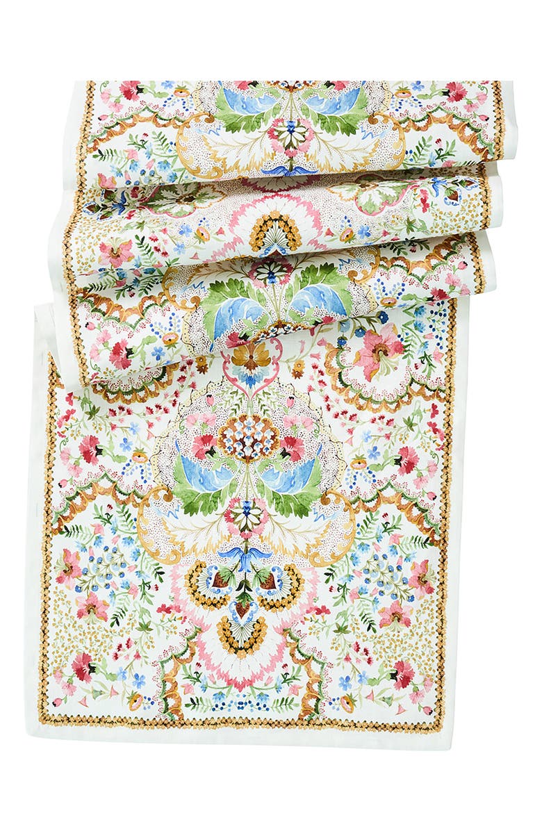 Juliska Sofia Linen Table Runner, Main, color, Multi Green